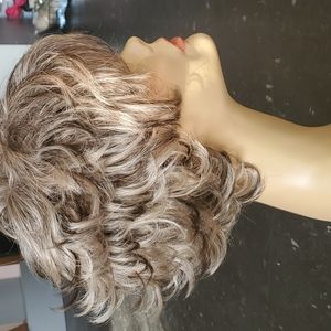 Ash blonde wig with medium chestnut low lights  short sassy with flips
